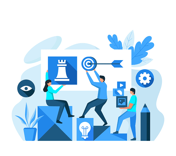 Team members collaborate on a board featuring a chess piece, symbolizing strategy and teamwork for our mission