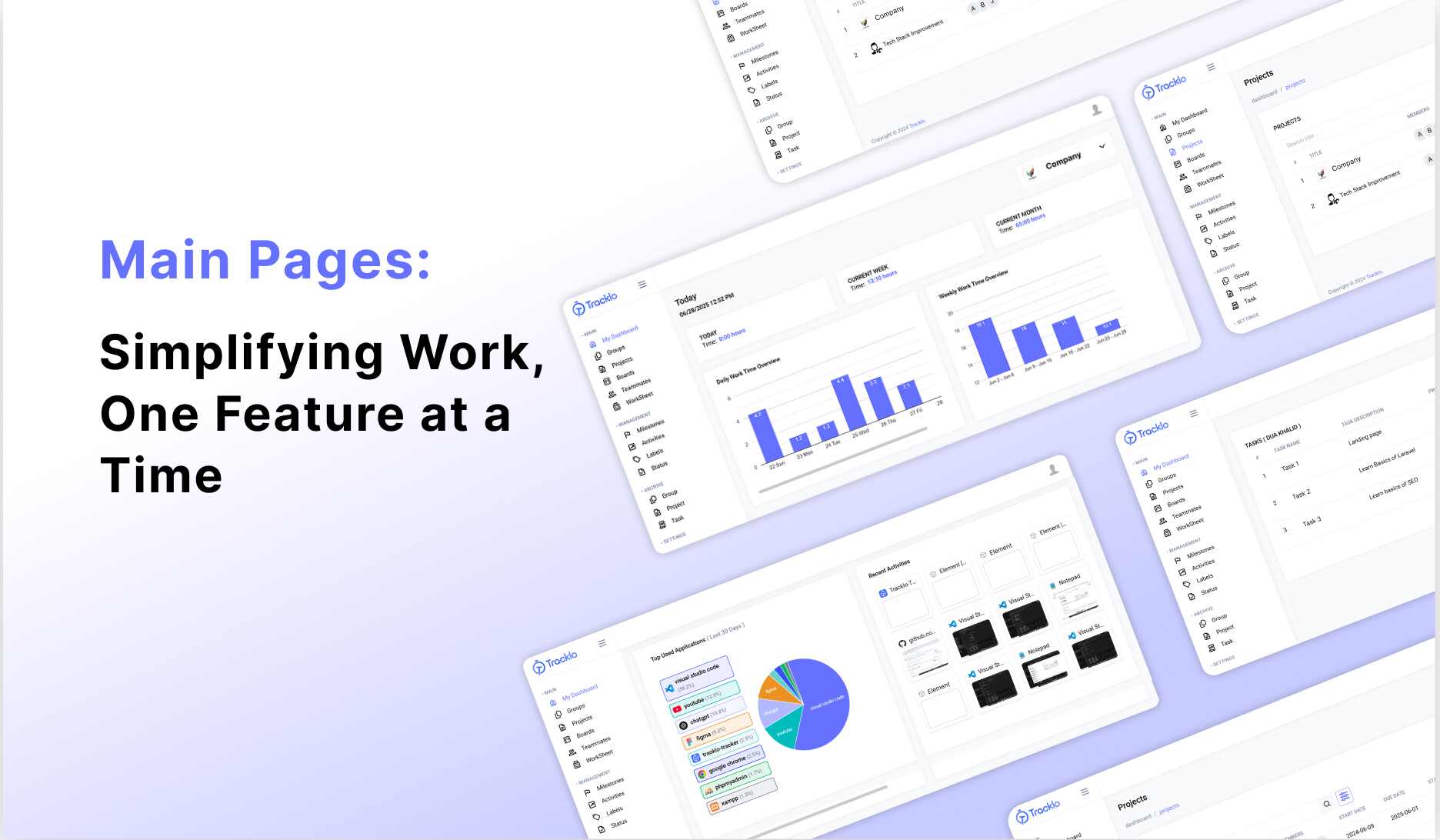 Overview image of Tracklo's main pages with headings and decorative previews