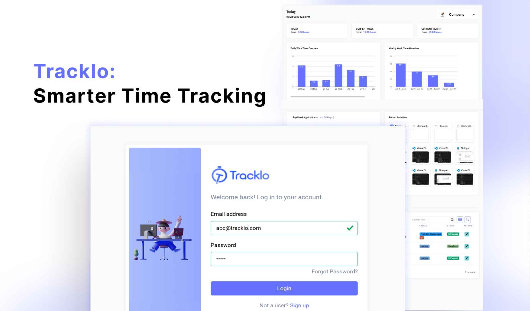 Tracklo welcome image showing login and dashboard screens with 'Smarter Time Tracking' text